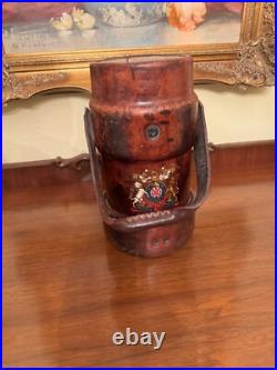 Antique Vintage English Gun Powder Cordite Carrier Leather Bucket W Coat Of Arms