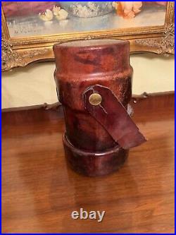 Antique Vintage English Gun Powder Cordite Carrier Leather Bucket W Coat Of Arms