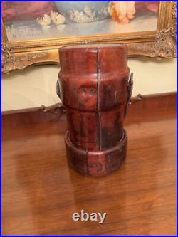 Antique Vintage English Gun Powder Cordite Carrier Leather Bucket W Coat Of Arms