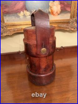 Antique Vintage English Gun Powder Cordite Carrier Leather Bucket W Coat Of Arms