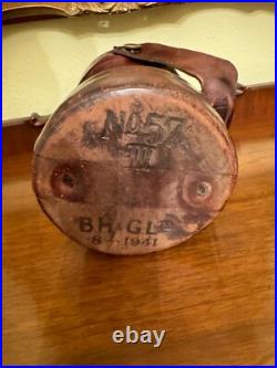 Antique Vintage English Gun Powder Cordite Carrier Leather Bucket W Coat Of Arms