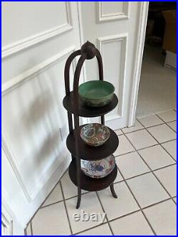 Antique Vintage English Mahogany 3 Tier Cake Tea Display Plant Stand