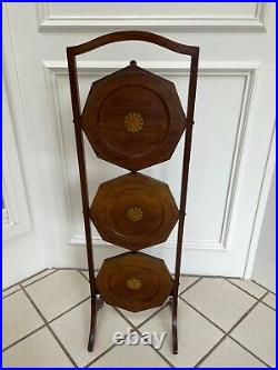 Antique Vintage English Mahogany Wood 3 Tier Inlaid Folding Cake Display Stand