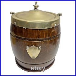 Antique Vintage English Oak And Silver Plate Biscuit Barrel With Porcelain Liner