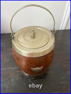 Antique Vintage English Oak And Silver Plate Biscuit Barrel With Porcelain Liner