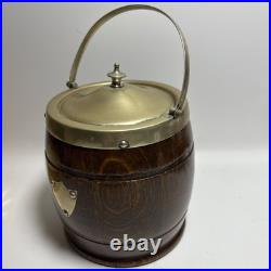 Antique Vintage English Oak And Silver Plate Biscuit Barrel With Porcelain Liner