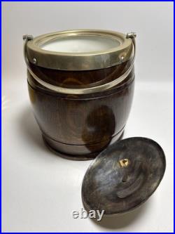 Antique Vintage English Oak And Silver Plate Biscuit Barrel With Porcelain Liner