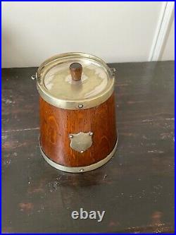 Antique Vintage English Oak And Silver Tobacco Biscuit Barrel Antler Shield