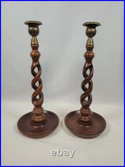 Antique / Vintage English Oak & Brass Open Barley Twist Candlestick Holders (2)