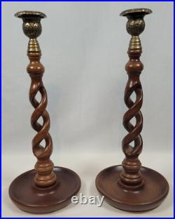 Antique / Vintage English Oak & Brass Open Barley Twist Candlestick Holders (2)