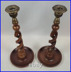 Antique / Vintage English Oak & Brass Open Barley Twist Candlestick Holders (2)
