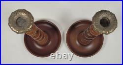 Antique / Vintage English Oak & Brass Open Barley Twist Candlestick Holders (2)