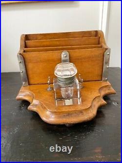 Antique Vintage English Oak Stationary Letter Box Rack & Inkwell Stand Pad Feet