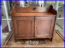 Antique Vintage English Oak Wood Tobacco Pipe Cabinet W Hand Carving