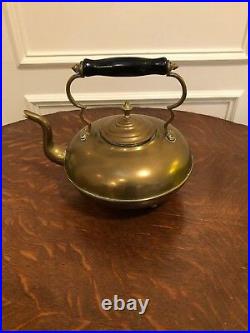 Antique Vintage English Victorian Brass Footed Tea Kettle Painted Wooden Handle
