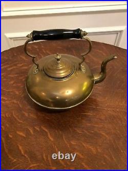 Antique Vintage English Victorian Brass Footed Tea Kettle Painted Wooden Handle