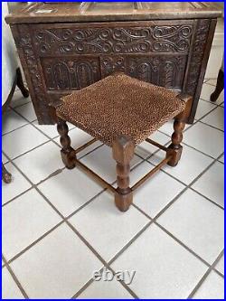 Antique Vintage English Victorian Oak & Leopard Upholstery Footstool Turned Legs