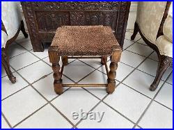 Antique Vintage English Victorian Oak & Leopard Upholstery Footstool Turned Legs
