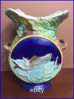 Antique Vintage Majolica Pillow Vase with Fish and Bird English Pottery Unmarked