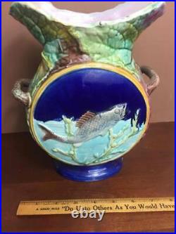 Antique Vintage Majolica Pillow Vase with Fish and Bird English Pottery Unmarked