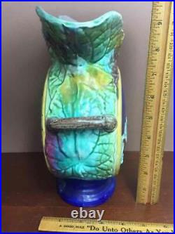 Antique Vintage Majolica Pillow Vase with Fish and Bird English Pottery Unmarked