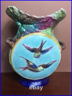 Antique Vintage Majolica Pillow Vase with Fish and Bird English Pottery Unmarked