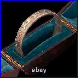 Antique Vintage Nouveau Style Sterling Silver 14k Gold English Hinged Bracelet