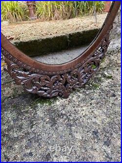 Antique Vintage Oak Fretwork Carved Mirror Oval Circa 1900's Original Plate