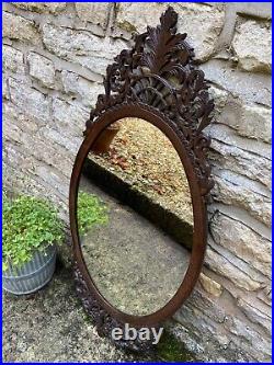 Antique Vintage Oak Fretwork Carved Mirror Oval Circa 1900's Original Plate