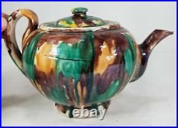 Antique Vintage Redware Multi Color Glazed Teapot English Americana Folk Art