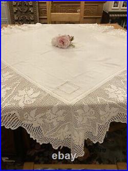 Antique/Vintage Tablecloth 11 Deep Crochet Lace Edge Daffodills Mary Card