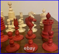 Antique Vintage Victorian Chess Set English Bovine Bone Red Stained Barleycorn