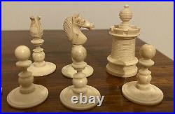 Antique Vintage Victorian Chess Set English Bovine Bone Red Stained Barleycorn