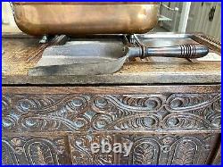 Antique Vintage Victorian English Metal Coal Scuttle Shovel W Carved Wood Handle