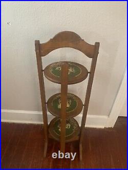 Antique Vintage Wood 3 Tier Inlaid Folding Cake Display Stand