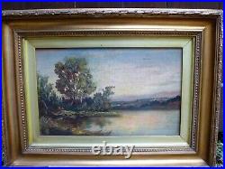 Antique Vintage gold frame Victorian English Riverside landscape oil painting