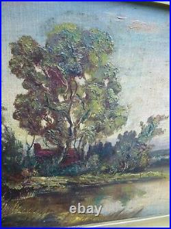 Antique Vintage gold frame Victorian English Riverside landscape oil painting