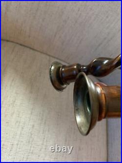 Antique Vtg English Oak Barley Twist Wood Candlesticks 10 Dark Finish Brass Top