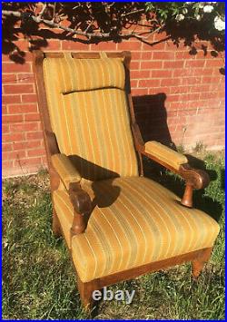 Antique Wooden Old English Oak Arm Chair Yellow Mid Century Wool Fabric vintage