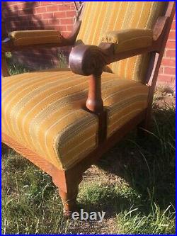 Antique Wooden Old English Oak Arm Chair Yellow Mid Century Wool Fabric vintage