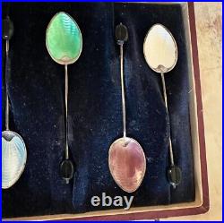 Antique set of 6 English Silver Enameled Spoons in original box