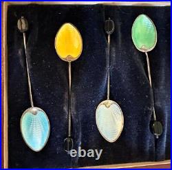 Antique set of 6 English Silver Enameled Spoons in original box