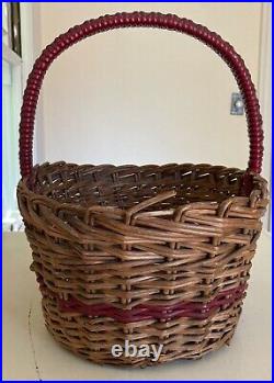 Antique vintage 1920's wicker handled oval English Market Basket natural withred