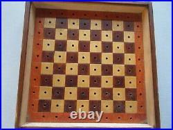 Antique vintage English travel chess set pegged pieces and large box