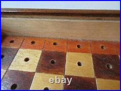 Antique vintage English travel chess set pegged pieces and large box
