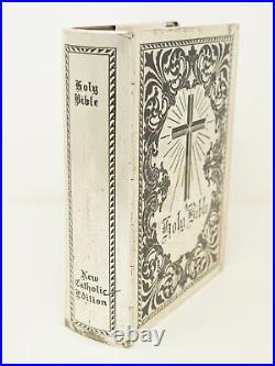Antique vintage New Catholic Edition HOLY BIBLE silver-plated metal cover 1961