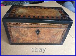 Antique vintage tea caddy english tunbridge box inlaid burl 1850 victorian