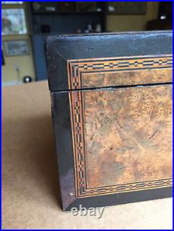 Antique vintage tea caddy english tunbridge box inlaid burl 1850 victorian