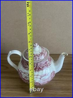 Antiques Ceramic Tea Pot Red & White English Countryside Scene Beautiful Vintage