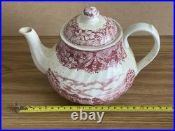 Antiques Ceramic Tea Pot Red & White English Countryside Scene Beautiful Vintage Antiques Ceramic Tea Pot Red & White English Countryside Scene Beautiful Vintage
